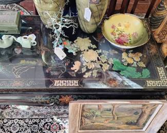 Chinese Black Lacquer Coffee Cocktail Table w Glass Protective Top