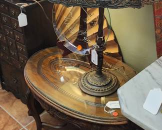 Art Nouveau Figurative Carved Wood Glass Top Tea Table