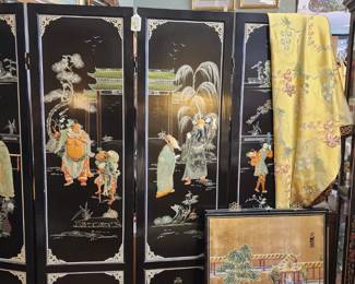 Chinese Black Laquer Four Panel Screen