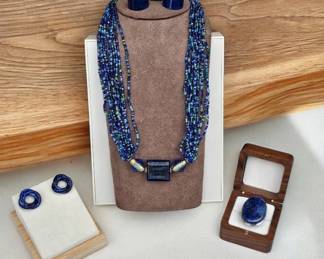 Lapis Lazuli Ring Tested Beaded Necklace With Glass Pendant Glass Ring Earrings