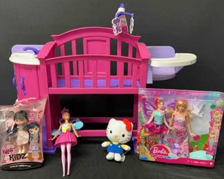 Little Girls 2000s Toy Bundle Bratz Kidz Jade, Hello Kitty, Barbie Dreamtopia, Baby Doll Crib