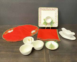 Christmas Lot w Spode Bowl, Nora Fleming Snack Dish, And Other Items