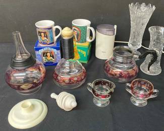 Vintage Kent Oven Glass Coffee Pot And Carafe, Corset Glass Etched Vase And More
