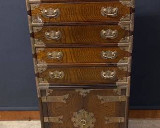Vintage Asian Brass And Burlwood Two Piece Cabinet