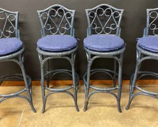 Set Of Four Blue Rattan Bar Stools