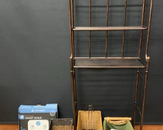 Decorative Over The Toilet Shelf With Two Scales, And Decorative Baskets