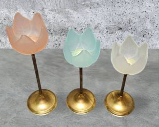 Vintage Brass Frosted Glass Tulip Candle Holders Set Of 3 Made In Taiwan