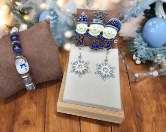 Blue Silver Snowmen Brooch Earrings Bracelet
