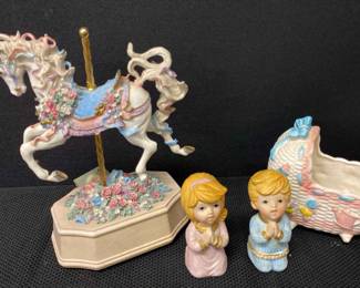 Vintage Tori Bailey Musical Horse Carousel, Vintage Homco Boy And Girl Figurines