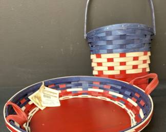 Longaberger Red White and Blue Party Tray and Hanging Flower Door Basket