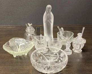 Baccarat Crystal Condiment Jar, Lalique Virgin Mary Figurine, Lalique Paperweight, And More