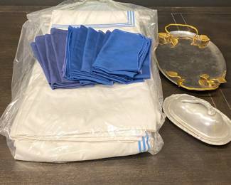 Silver Color Serving Tray with Gold Colored Leaf Handles and Table Linens