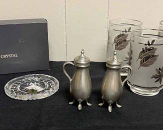 Vintage MCM Libbey Silver Leaf Tumblers, Waterford Crystal Coasters, Colonial Modern Pewter