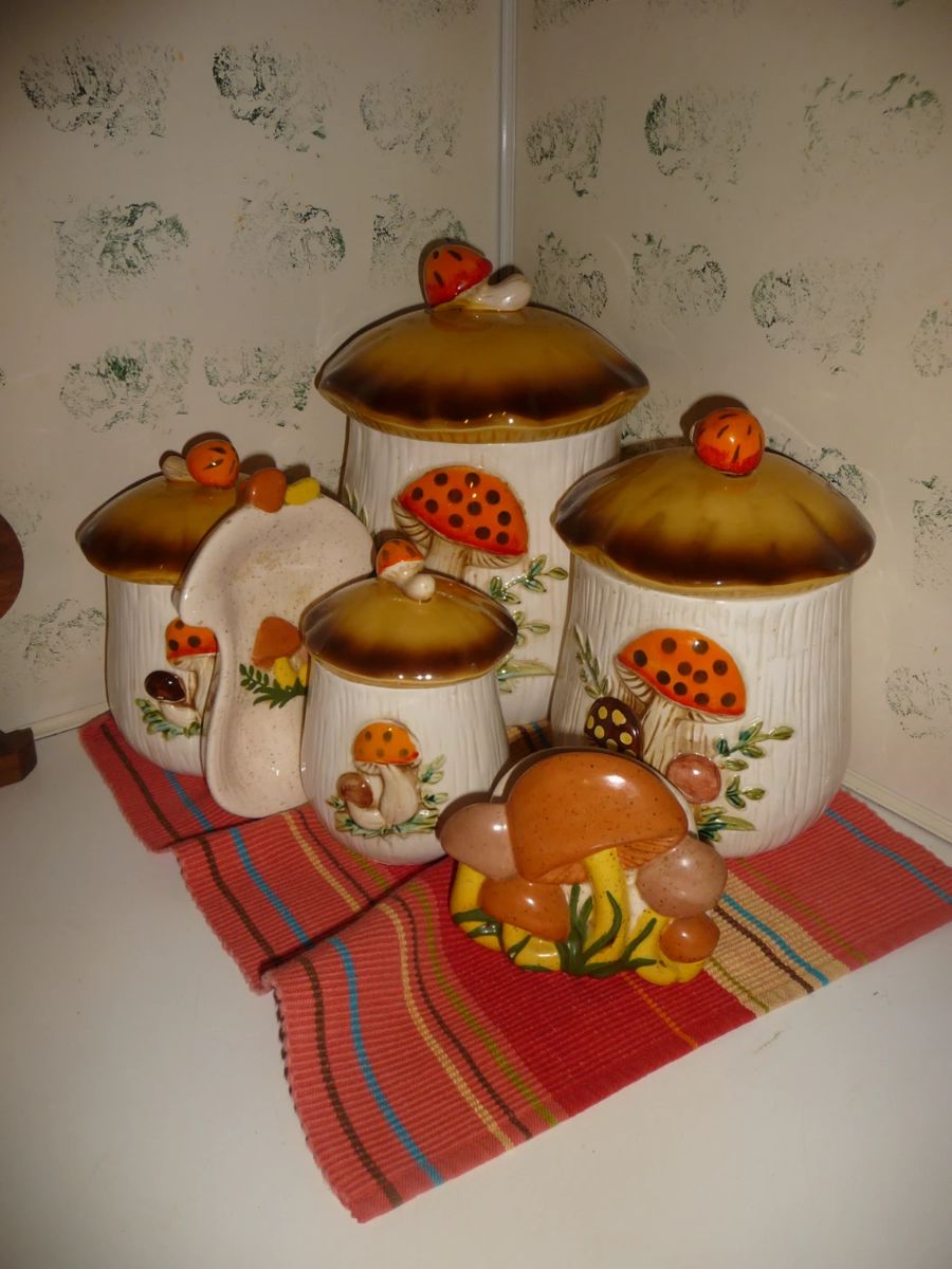 70s Sears Roebuck Merry Mushroom Ceramic Canisters Set
