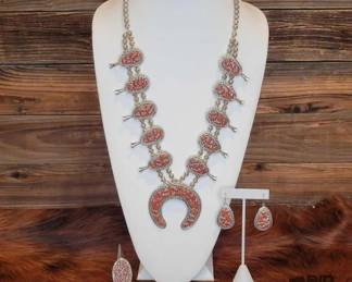 100  Coral Cluster Squash Blossom Set By Evelyn Yazzie