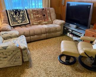 Reclinging sofa, TV and stand, Panisonic surround sound with 6 speakers, Lane recliner and stressless leather reclining chair with ottoman