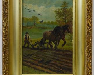 1227 - S. Firm "Two Horse Plow" 1900s Oil on Canvas
