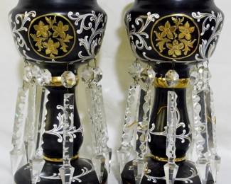 729 - Gorgeous Pair 14" Mantle Lusters w/ Prisms Enamel painted glass
