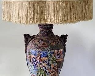 4245 - Asian Moriage Lamp, Fringed Shade, 46" few cracks at top You are buying a used as-is electric/electronic item. We do not guarantee all components are present, and if it is not expressly stated, it is untested.
