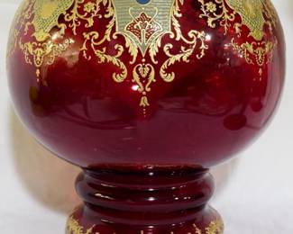 703 - Large Cranberry Overlay Bowl Vase 12x11"

