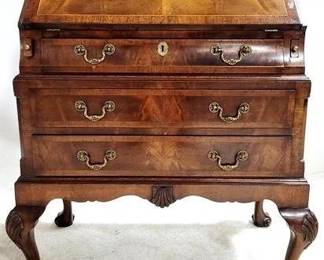 4001 - Antique Ladies Inlaid Slant Front Secretary tooled leather writing surface, shell carved knees 38 x 29 x 16
