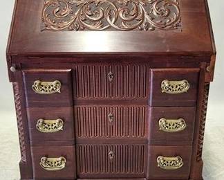 4223 - Heavily Carved Horner Slant Front Secretary Claw Feet, bird's eye maple drawer bottoms Brass Gallery & Hardware 44 x 31.5 x 21
