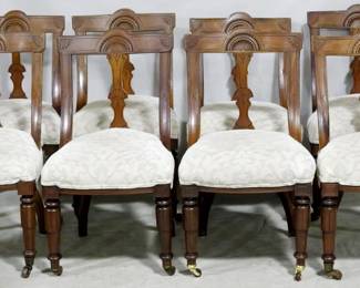 3932 - Set of 8 period Victorian chairs on casters 36 x 20 x 20 brocade upholstered seats
