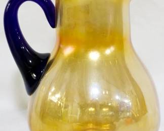 695 - Fenton Stretch Glass Tumble Up, Blue Handle 7.5", Marigold Carnival
