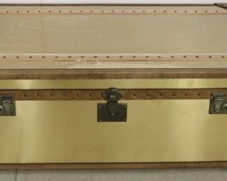 4133 - Lazzaro brass trunk style coffee table w/drawers 18 1/2 x 44 1/2 x 28 1/2 New - w/ leather trim

