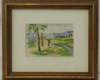 1255 - Gretchen Scales "Cabin and Moutains" Watercolor 1958 9.5x11
