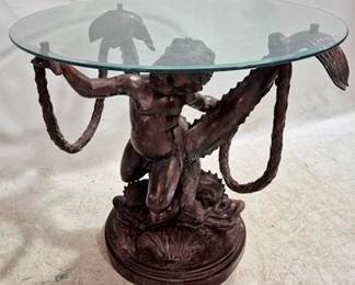 72 - Bronze Cherub Table with Glass top beveled glass 32 x 35
