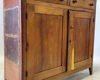 4217 - Southern Walnut Primitive Pie Safe punched tin side, pegged construction, key, hand champhored back 44.5 x 46 x 17
