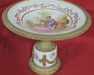 270 - Tall French Sevres hand painted compote adorned with brass 8 x 10
