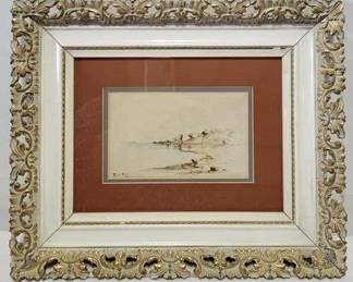 4274 - J W Hill Signed "House & Sailboat" 1857, watercolor on paper 14 x 15
