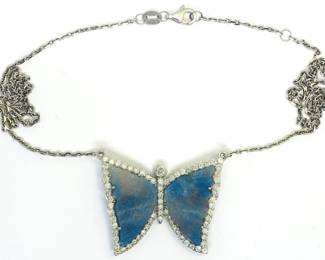 9w - 14K Diamond Butterfly Necklace 17.5" Carved Mottled Blue Chalcedony Quartz Wings 1.2 Carats Diamonds DISCLAIMER: If you are not an established customer with bid history with B&H, the only acceptable forms of payment for this item will be via wire transfer or cash.
