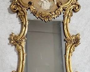 4156 - French Carved Mirror Adorned w/ Cherubs in Relief 61 x 27
