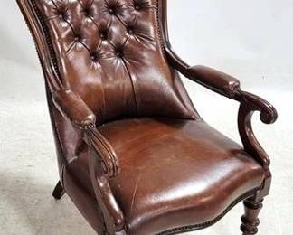 4014 - Victorian Walnut Tufted Leather Arm Chair 41 x 25 x 27
