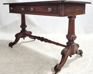 4007 - Mahogany Carved Window Table 2 drawers, glass pulls 30 x 48 x 22
