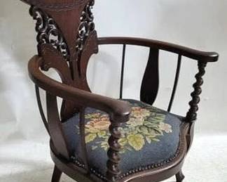 4199 - Vintage Fancy Carved Barley Twist Chair needlepoint seat 42 x 25 x 22
