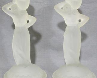 3233 - Pair Fostoria Satin Glass Rebecca Candleholders has original sticker
