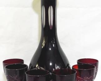 696 - Ruby Bohemian Decanter & 6 Cordials 14.5" Cut to clear
