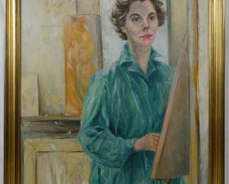 1260 - Gretchen Scales "Self Portrait" Oil on Canvas 1950s 31x25.5

