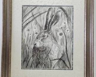 4279 - Rabbit in Grass & Flowers by Nathan Harden Pen and ink on paper 1994 24.5 x 21.5
