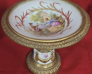 269 - Petite French Sevres hand painted compote adorned with brass 5.5x6.5"
