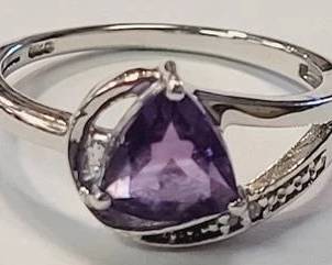 59 - Sterling Trilliant Cut Amethyst Ring, 6.75
