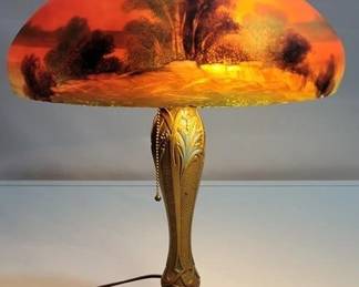 6535 - Early Reverse Painted Glass Shade Lamp Base is dated 1876 21" tall You are buying a used as-is electric/electronic item. We do not guarantee all components are present, and if it is not expressly stated, it is untested.
