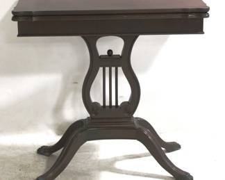 2129 - Mahogany Lyre Base Lift Top Game Table 29 x 30 x 30 opened

