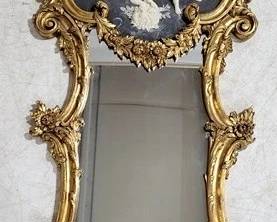 4168 - French Carved Mirror Adorned w/ Cherubs in Relief 61 x 27
