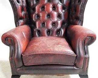 4003 - Vintage Leather Tufted Wing Chair w/ Patina 44 x 34 x 36
