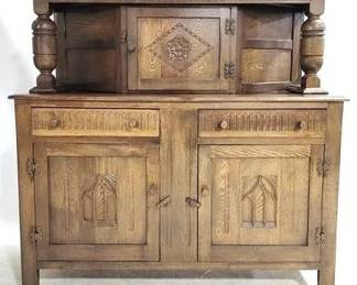 4004 - English Carved Oak Court Cupboard 2 part form, linen fold detail 55 x 56 x 19
